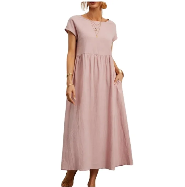 Shop Our New Solid Color Short Sleeved Loose Cotton Linen Dress