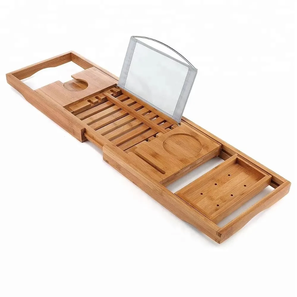 product wholesale luxury bamboo bath caddy double cup bath tub table for home bathroom single layer for hotels-9