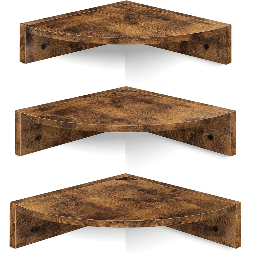 Nu-Deco MH26062 Corner Shelf Wall Mount Set 3-Tier Floating Wood Display Shelves Cord Hole for Bathroom Bedroom-Rustic