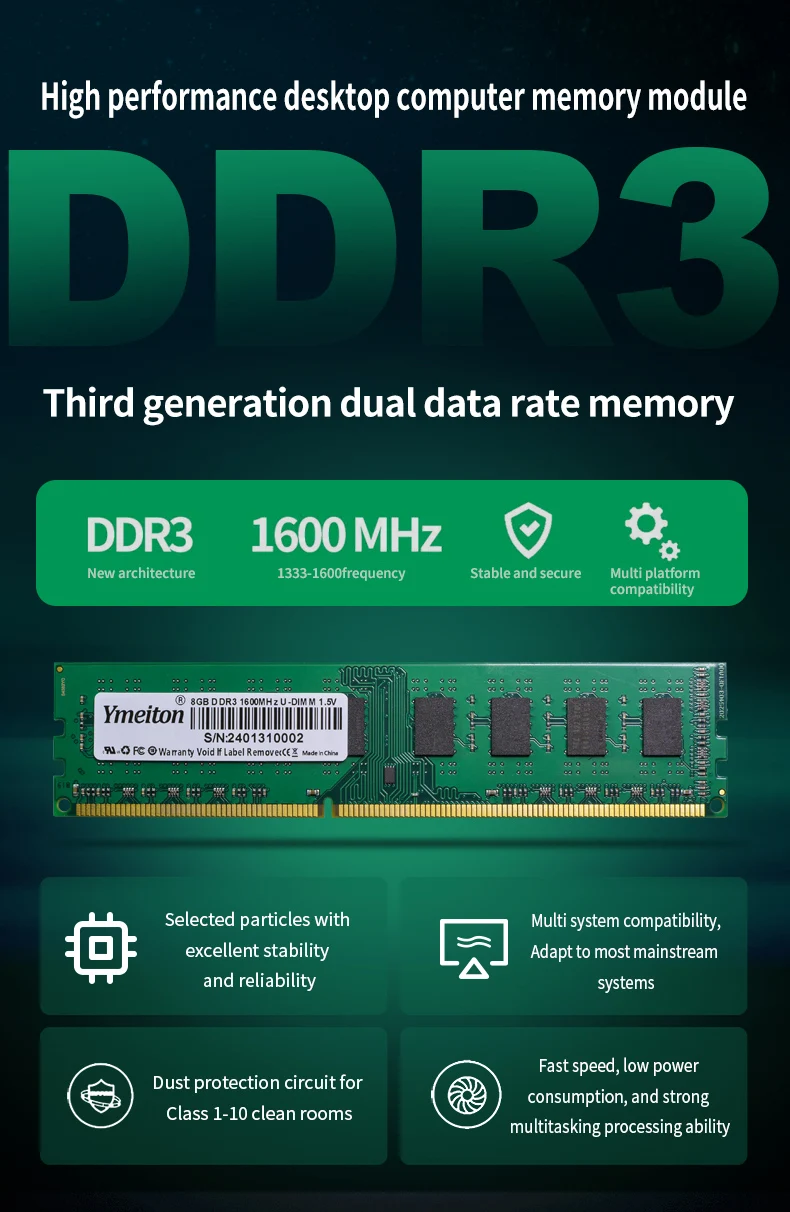 8GB RAM DDR3 Memorias DDR3L for Desktop Computer 1600HZ RAM Memory DDR3 4G and Cooling Fin Ymeiton High Quality RAM for PC Game