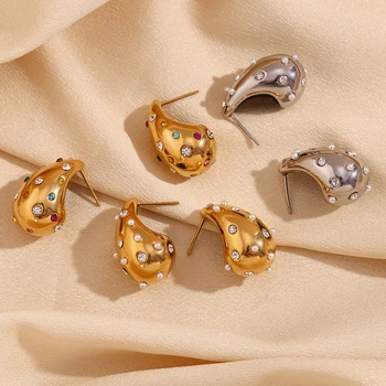 Dreamshow Hollow Out Water Drop Earrings Pearl Zircon Stud Earring 18k Gold Plated Stainless Steel Waterproof Jewelry