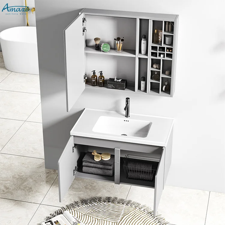 Hotel modern sink bathroom furniture sanitary ware ceramic integrated basin wood cabinet bathroom vanity supplier