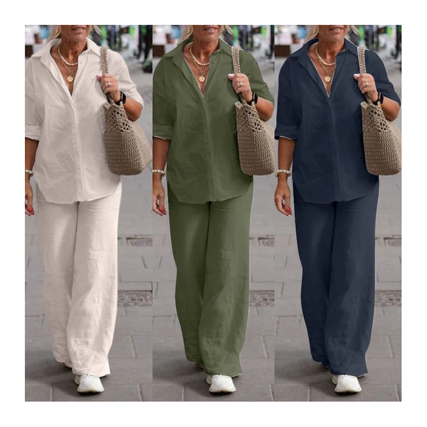 2025 New Spring Summer Women's Shirt Pants Sets Ladies Clothes Casual Fashion Linen Plus