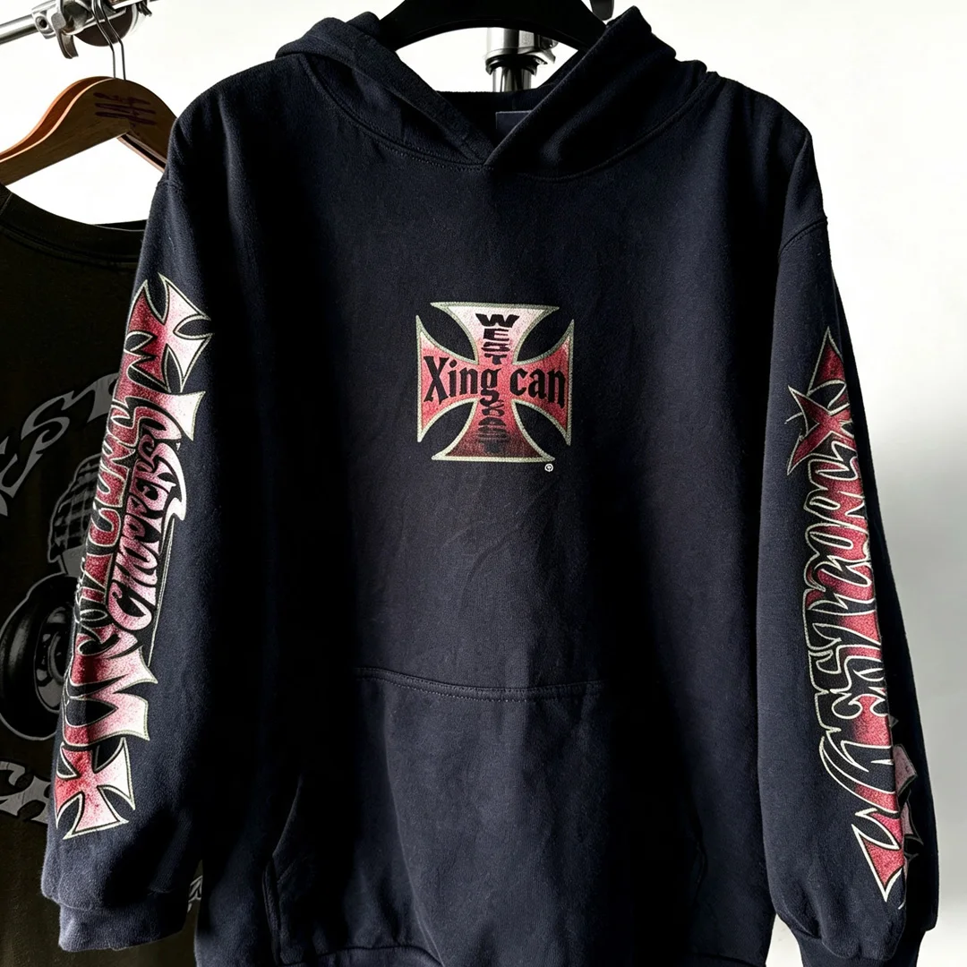 Privaatetiket Aangepaste Swart Skermprint Hoodie Losse Drop-Skou Basiese Pullover Amerikaanse Straatmotorfietserstyl Kasuele Bopstuk OEM
