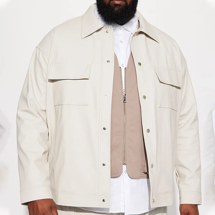 leather jacket Shacket Plus Size Leather Button Jacket Man_voghion.com