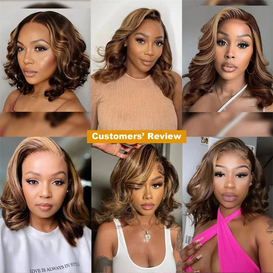 Ombre 4/27 Highlight Body Wave Bob Wig Lace Front Human Hair Wig_voghion.com