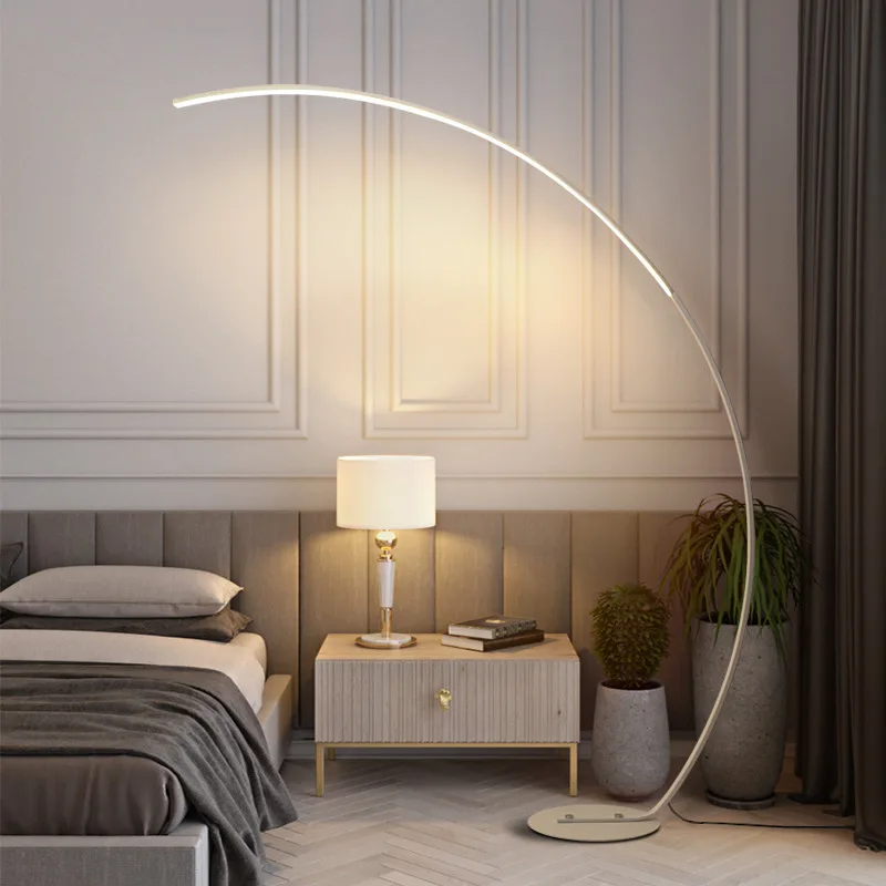 LED Dimmable Floor Light with Remote Control Elegant Curved Stem Acrylic Lampshade Arched Design Standing Lamp for Living Room