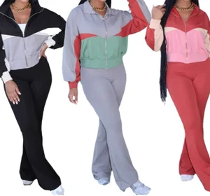 Viviblook Z1210ST02 2026 Winter Women's Two-Piece Set Long-Sleeved Zipper Jacket & Tight Flared Pants Short Tops Outfit