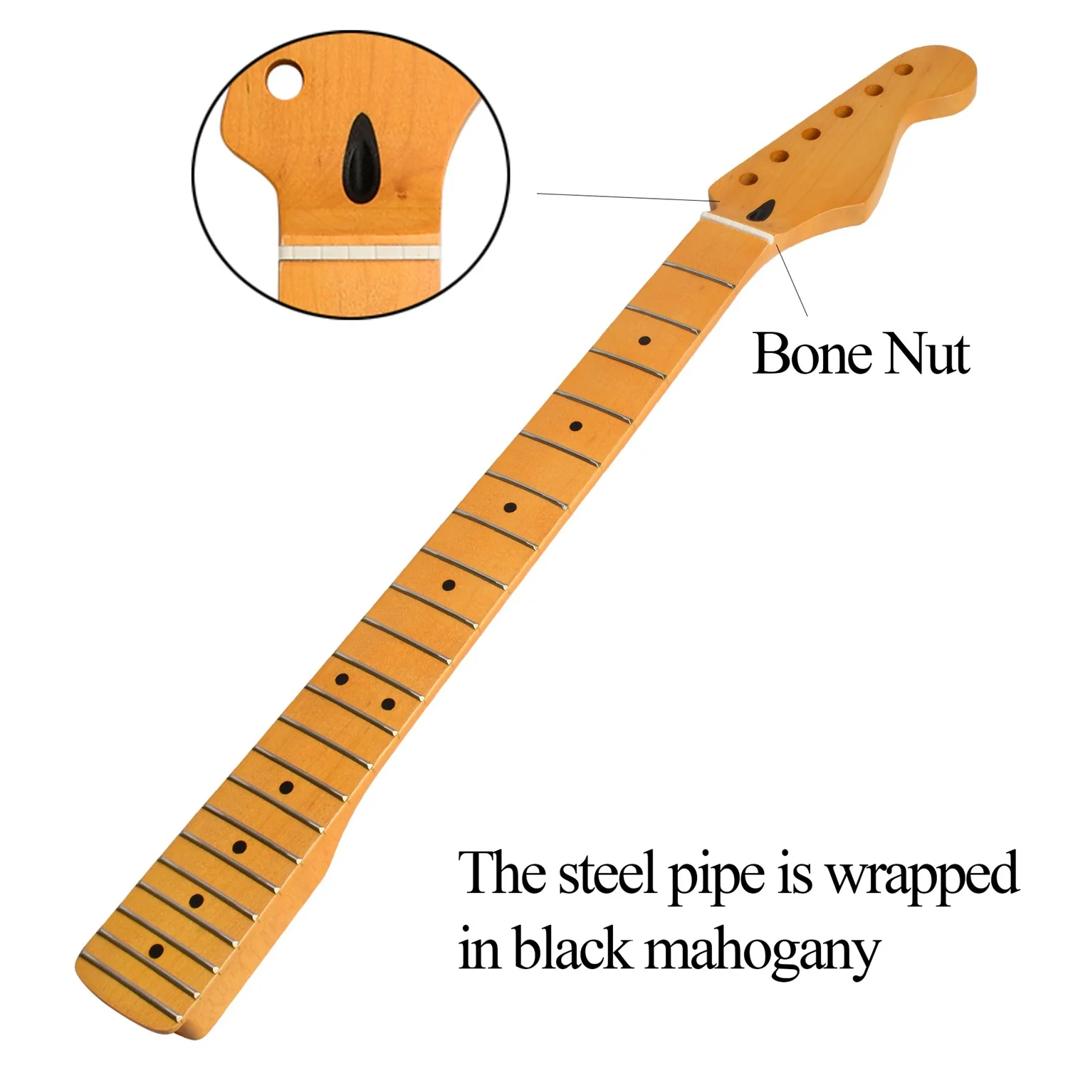 Customizable High Gloss Roasted Matte Yellow 22 Frets Canadian Maple Harp Handle Guitar Necks for ST Style Guitars