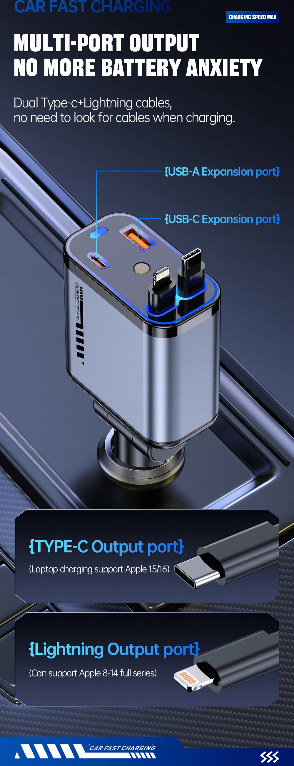 C6 Retractable Type C PD Cable Fast Charging Car Phone Charger Station Starry Sky Ambient Light Quick Adapter for Mobile