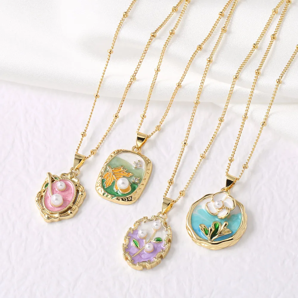 Elegant Oil Painting Necklace with Pearl Pendant