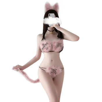 Cute Cat Plush Three-point Set Sheer Mesh Lace Cupped Sexy Lingerie