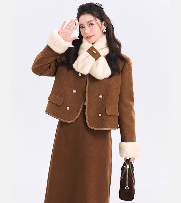 Retro Wool Suit with Breathable Rabbit Fur Neck Scarf & Decorative Buttons Two-Piece Set with Polyester Fiber Lining