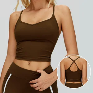 Roregal New Style V Neck Yoga Top Nude Fabric Fitness Crop Top Cross Back Fitness Yoga Bra