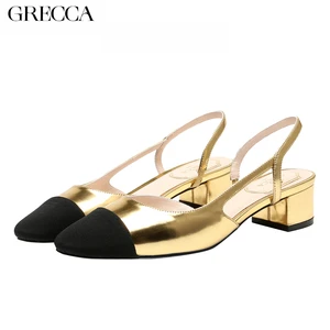 GRECCA Women's Pumps, Gold - Black Color Block,  Chunky Heel, Retro Elegant Style for Party/Office, Comfortable Daily Shoes
