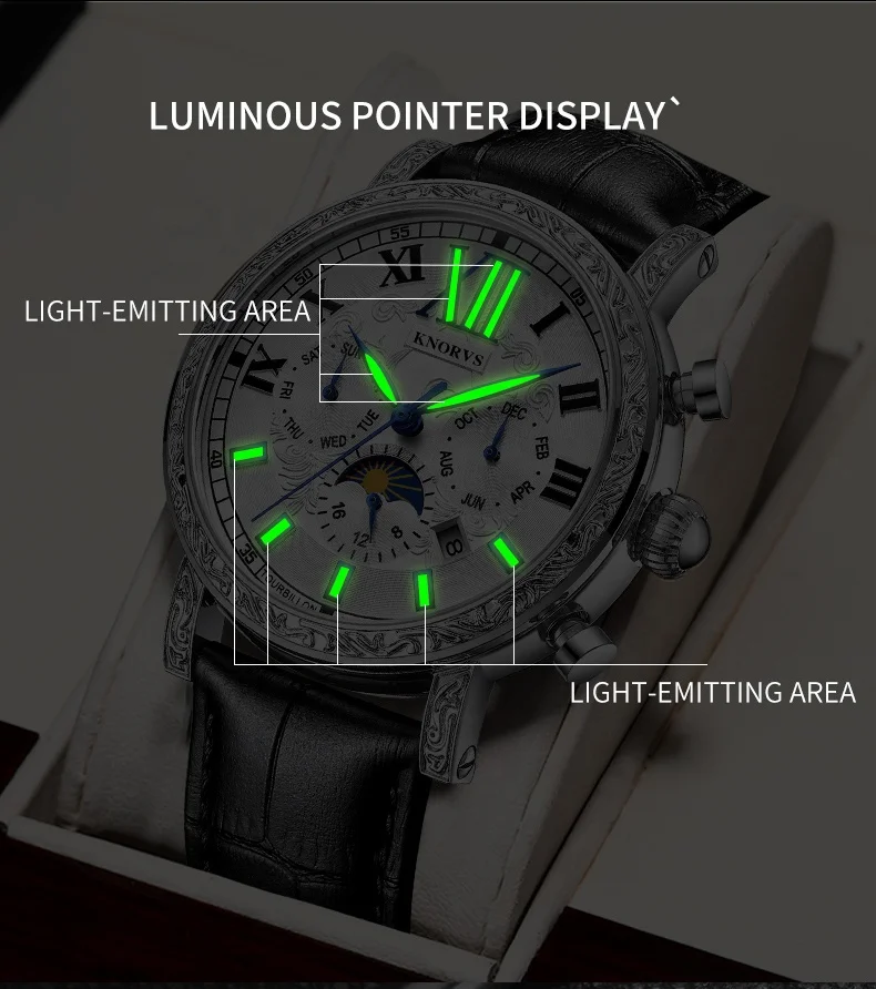 KNORVS Switzerland brand  luxury watch high quality alloy case Italian Genuine Leather quartz watch wrist watch