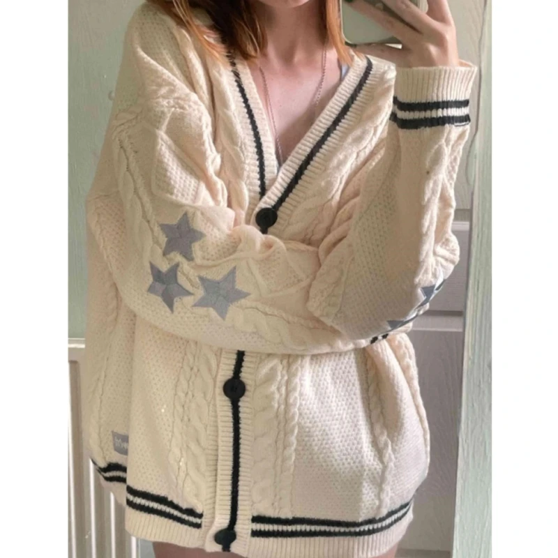 Schicke Vintage-Strickjacke mit Stern-Print, adrette, süße Knopfleiste, V-Ausschnitt, Langarm, Mantel, Herbst, Y2K-Ästhetik, Retro_voghion.com