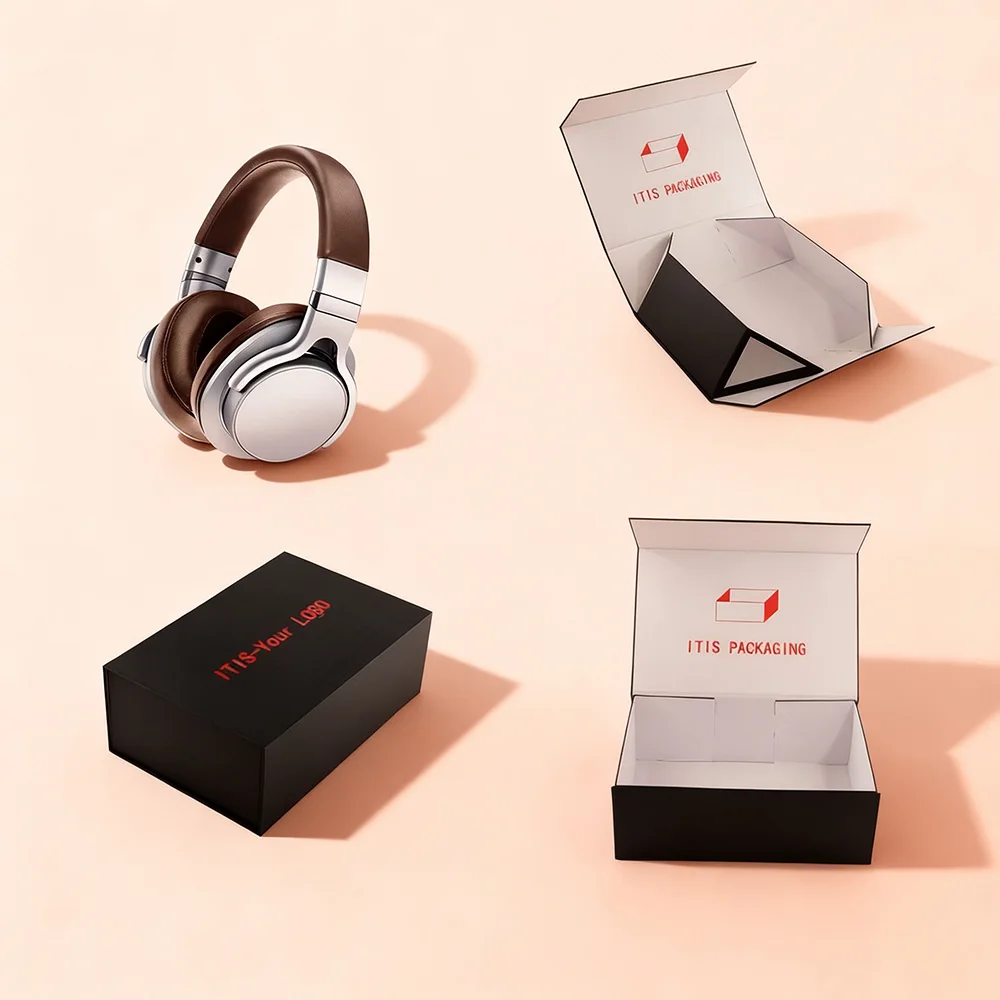 علبة سماعات رأس لاسلكية فاخرة | علبة طي مغناطيسية من لوح رمادي حسب الطلب | تغليف صغير جديد كليًا مع حماية أثناء السفر