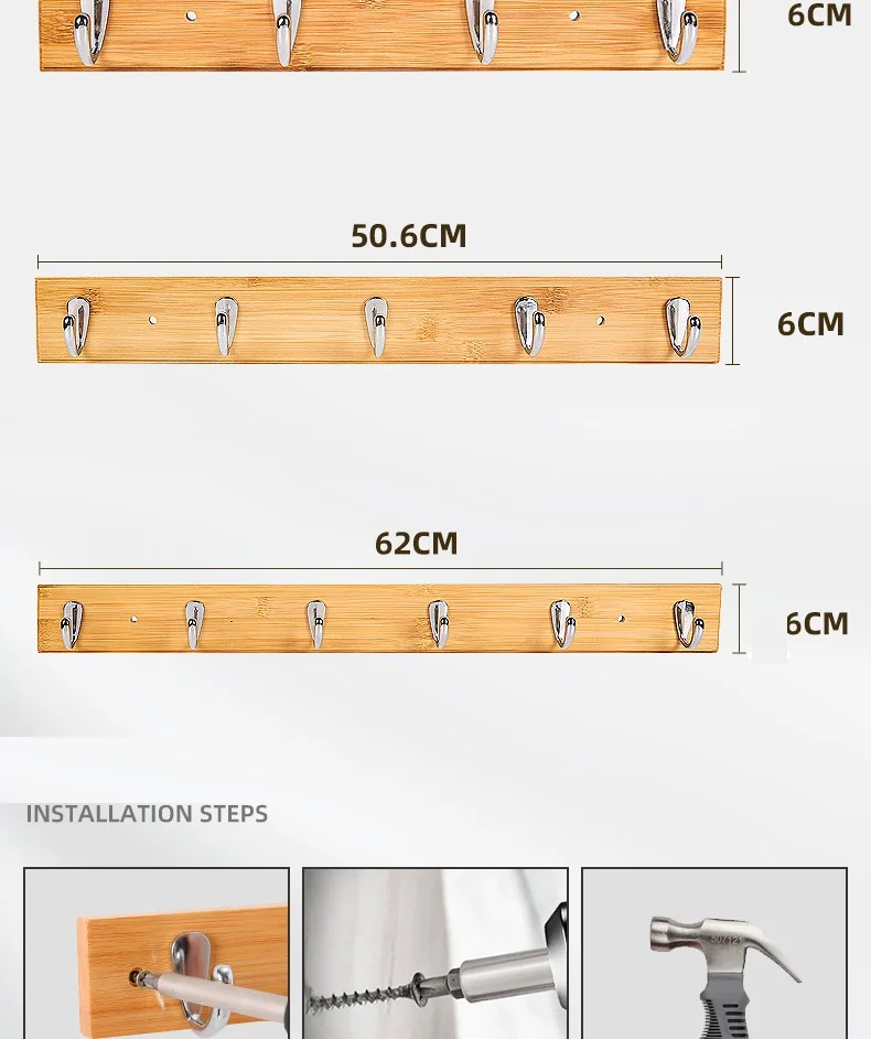 Factory Direct High Quality Bamboo Wall-Mounted Coat Rack Modern Simple Coat Hooks Light Luxury Home Hook manufacture