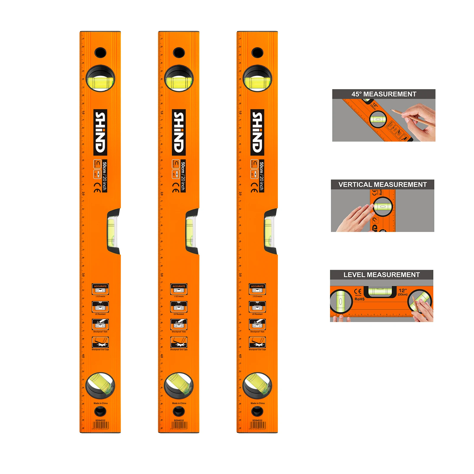 SHIND 94532 建設工具 水平器 50cm/20インチ CE認証付き 測定器 磁気