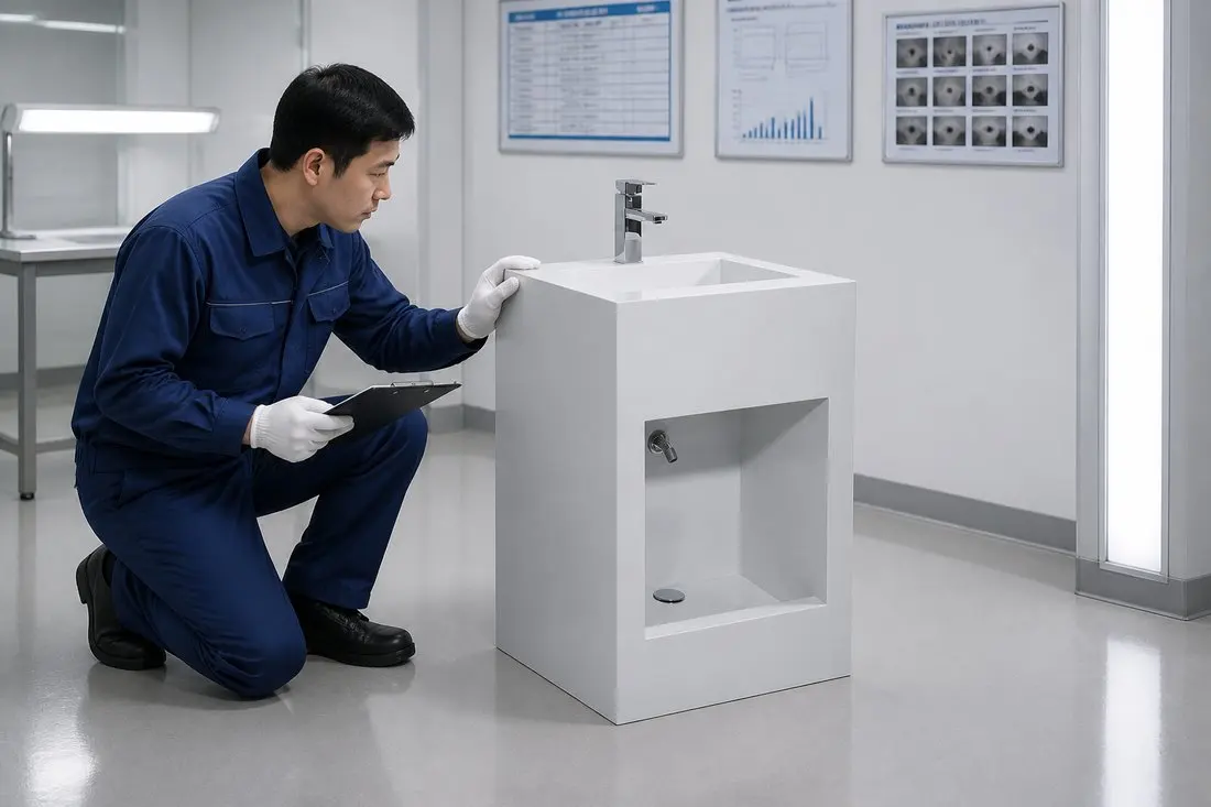 Buyer verifying a wudu basin supplier's factory and sample quality