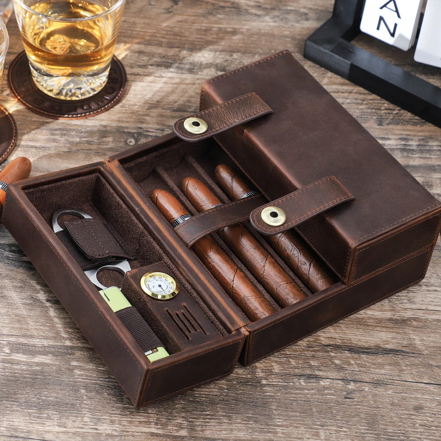 Custom Coffee Color Leather Cigar Humidor 7 Slot Portable Travel Cigar Case with Moisturizing Agent Slot