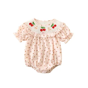Custom Baby Clothes Cute Princess Cherry Shirred Smocked Baby Clothing Short-Sleeve Lace Cartoon  Baby Rompers