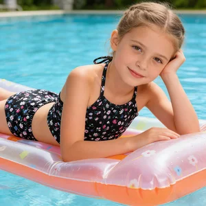 OEM Custom UPF50+ Top Rated High Elastic Ditsy Floral Adjustable Tie Kids Halter Two-Piece Bikini Shorts Set for Beach Vacation