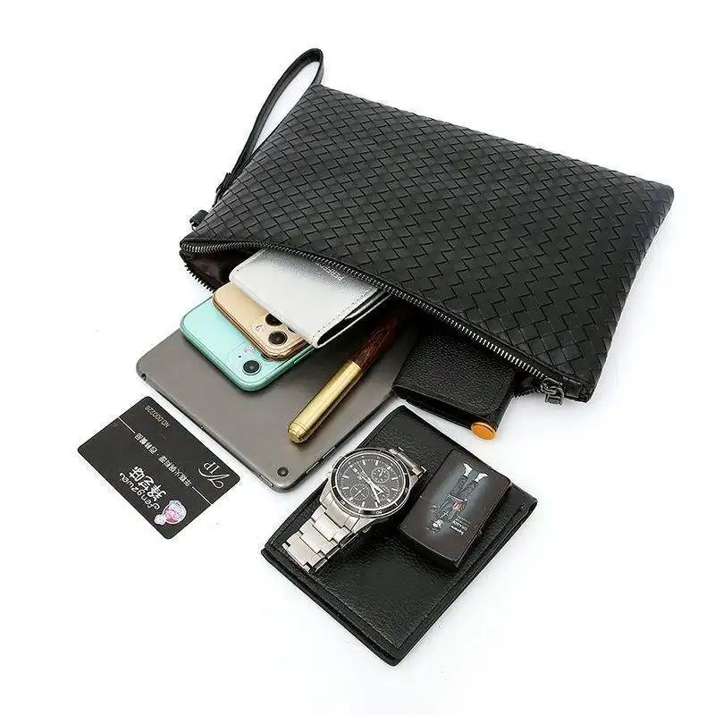 Luxury Woven Texture PU Leather Clutch Bag for Men Designer Color Handbag  with Strap Custom Logo