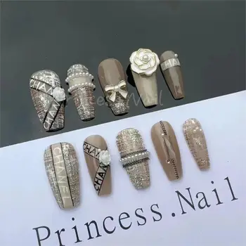 French Premium Luxury Gentle Flower Custom Artificial Coffin Design Acrylic Wholesale Handmade Luxury Brand Logo Press on Nail