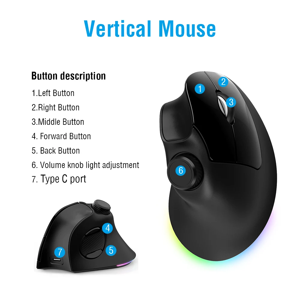 ماوس عمودي مريح قابل لإعادة الشحن عبر منفذ USB، بإضاءة خلفية RGB، 3 أزرار، دقة 1200 نقطة في البوصة، يدعم ثلاثة أوضاع، لاسلكي 2.4 جيجا هرتز، بلوتوث 1 وبلوتوث 2، مناسب لأجهزة الكمبيوتر المحمولة والمكتبية