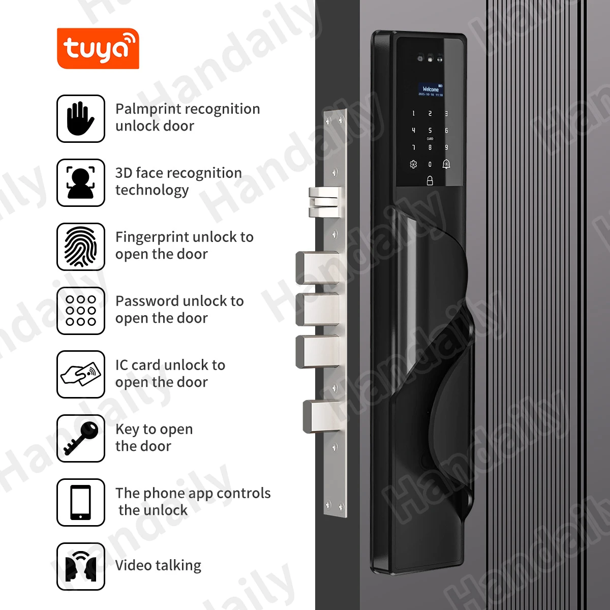 HanDaily Palm Face Recognition Smart Lock Tuya Wifi Video Monitoring Intercom Smart Door Lock with 6590 Mortise S9