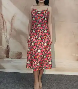 Red Women's Elegant Spandex Maxi Dress Holiday Print Wrap-Chest Casual Style with Collarless Neckline