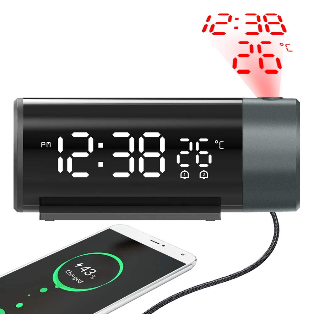 180 Rotation USB Bedside Alarm Clock Electronic Wall Snooze Alarm Projection Premium Bedside Temperature Clock