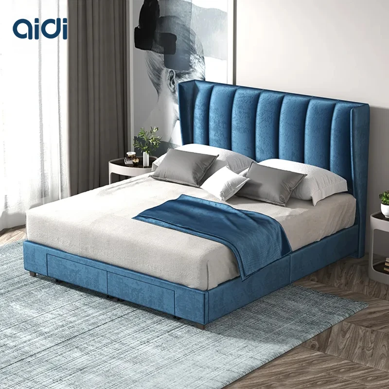 Modern Bed Frame Double Size with Storage Drawers Headboard Tufted Upholstered Lit Wooden Slats Support Mattress Foundation