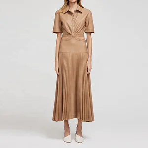 Clothing Manufacturer Custom Spring Autumn Khaki Turn Down Neck Short Sleeve Elegant Casual Women Pleated Leather Dress