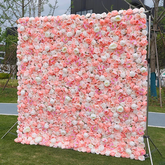 Floral Wall Backdrop Decor High Quality Pink Rose Flower Wall Curtain Mat Roll Up Cloth Fabric Silk Flower Wall