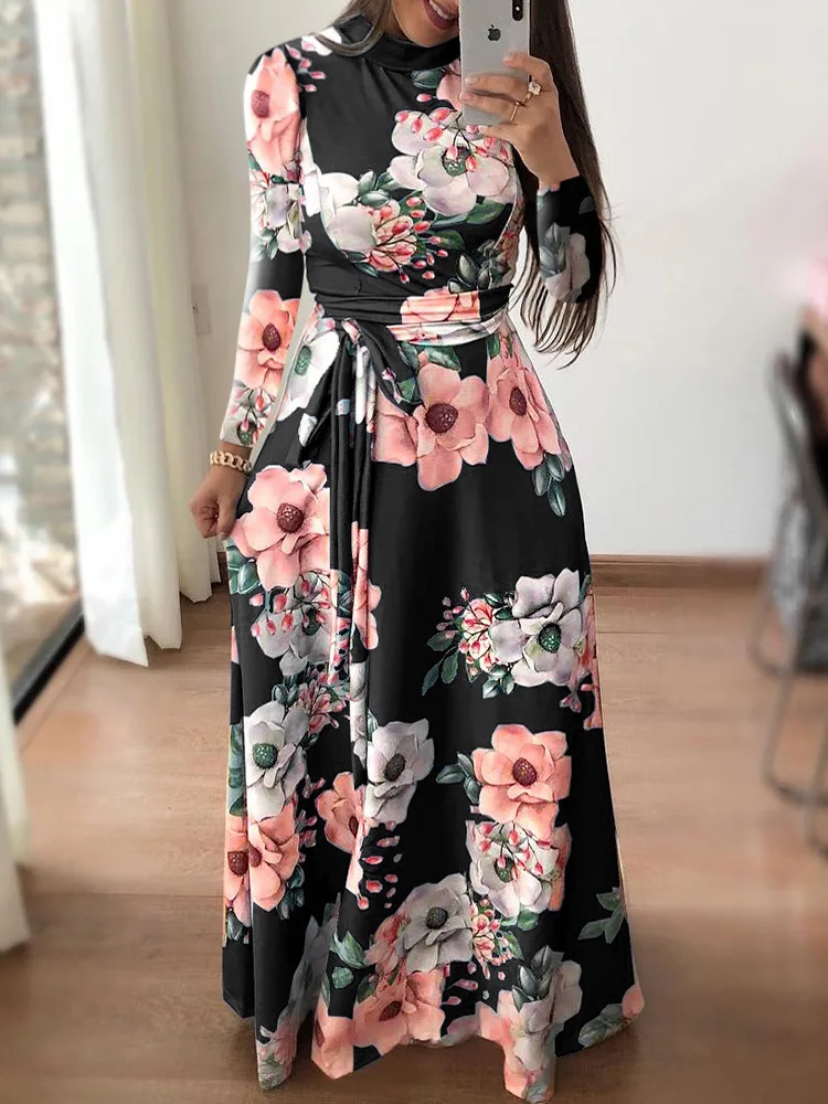 Women Summer Casual Long Dress Boho Floral Print Maxi Dress Turtleneck ...