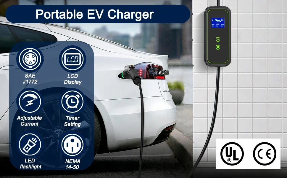 Portable Ev Charger Type 2 Uk Plug 6/8/10/13a Adjustable 3kw 7kw Type 2 ...