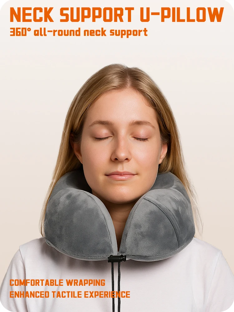 Factory Sell 100% Pure Memory Foam Travel Neck Pillow for Flight Headrest Sleep Portable Plane Accessories Grey with Pocket