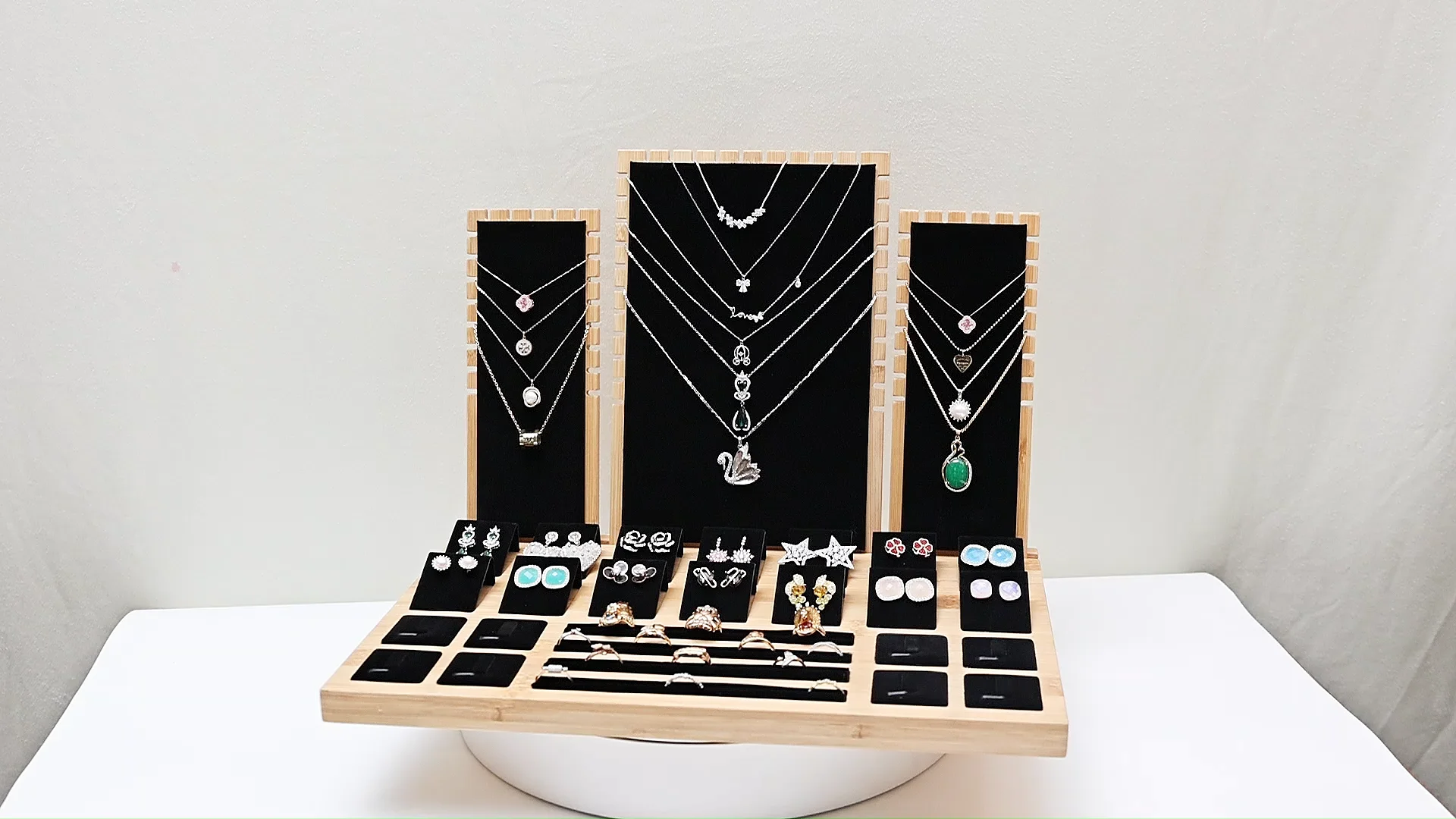 Black Velvet Jewelry Display Stand Set Luxury Bamboo Necklace Earring