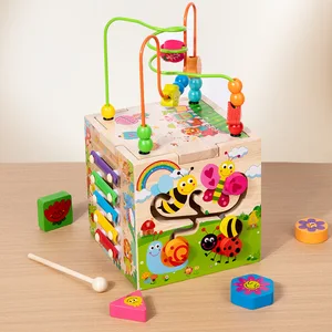 Multifunctional Wooden Activity Cube for Babies Includes Bead Maze Shape Sorter for Color Recognition Education Educational Toys