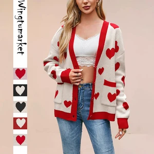 Valentine Red Cute Heart Jacquard Button Pocket Long Sleeve Drop Shoulder Knit Cardigans Sweater Women