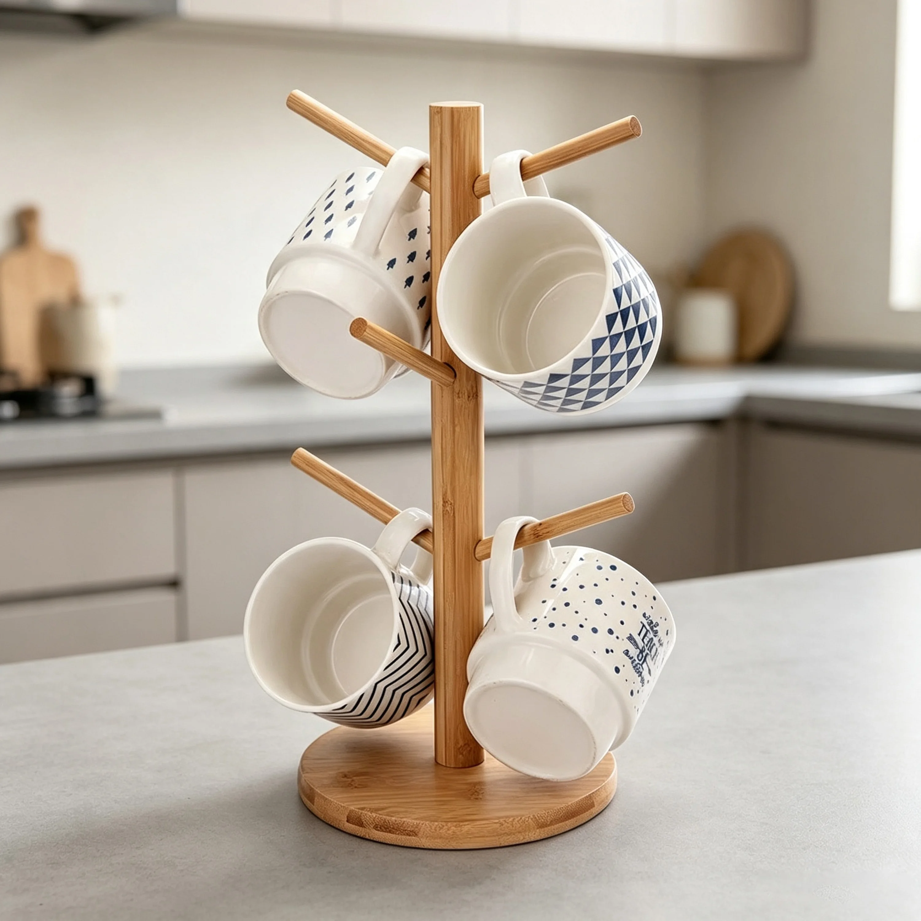 Bamboo Standing Type Mug Tree Cup Holder Rack 6 Hooks Design Countertop Organizer for Kitchen Table Storage Home Coffee Bar Use
