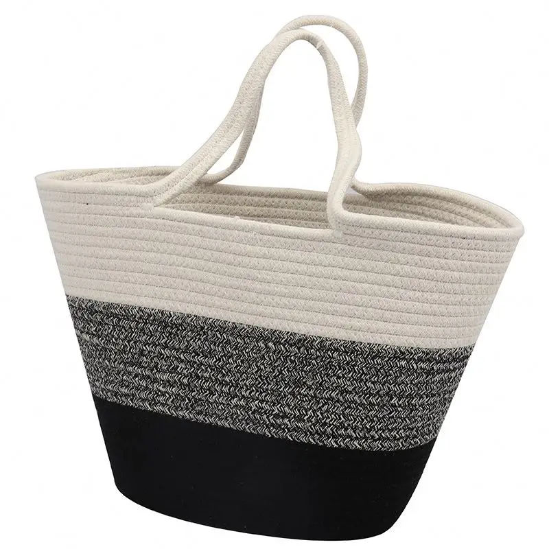 Women Home Essentials Cotton Rope Handbag Beach Leather Cotton Rope Bag Woven Bag For Family