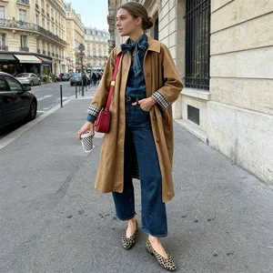 Women's European & American Style Lapel Single-Breasted Buttoned Windbreaker Coat with Workwear Design