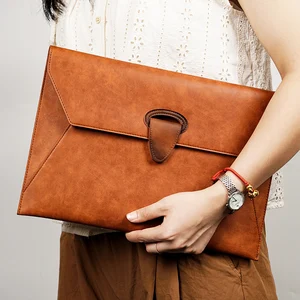 Wholesale Custom Logo A4 Leather Conference Tablet Laptop Notebook Document Bags With Button