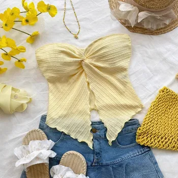 Teens Girls' Valentine's Day Resort Style Frill Trim Fitted Split Blouse Top Textured Tube Top with Front Twist