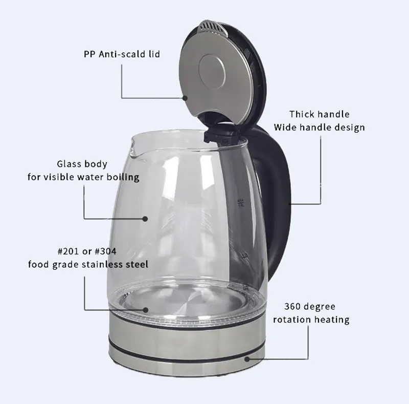 2021 Blue Led Light Transparent Glass Electric Kettle