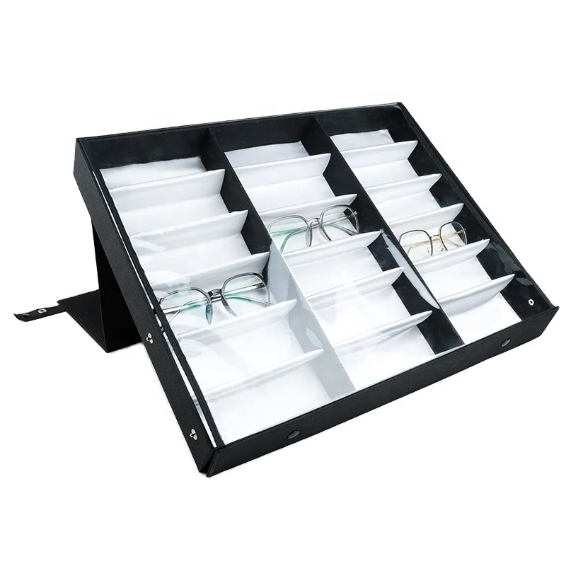 Luxury 18 Slot Custom Logo Eyeglasses Tray Storage Box Black Eyewear Display Tray Sunglasses